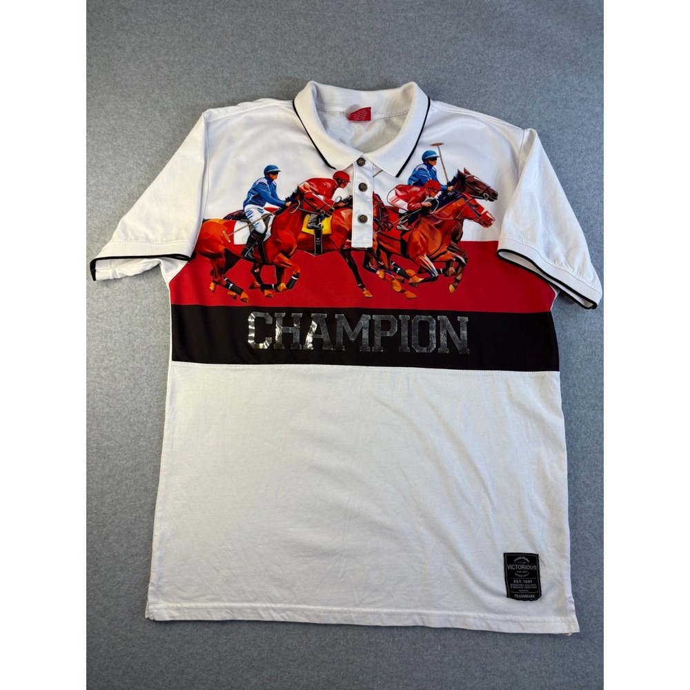 Victorious‎ Mens Champion Polo w/ Horse Graphic White Red Black 2XL Short Sleeve
